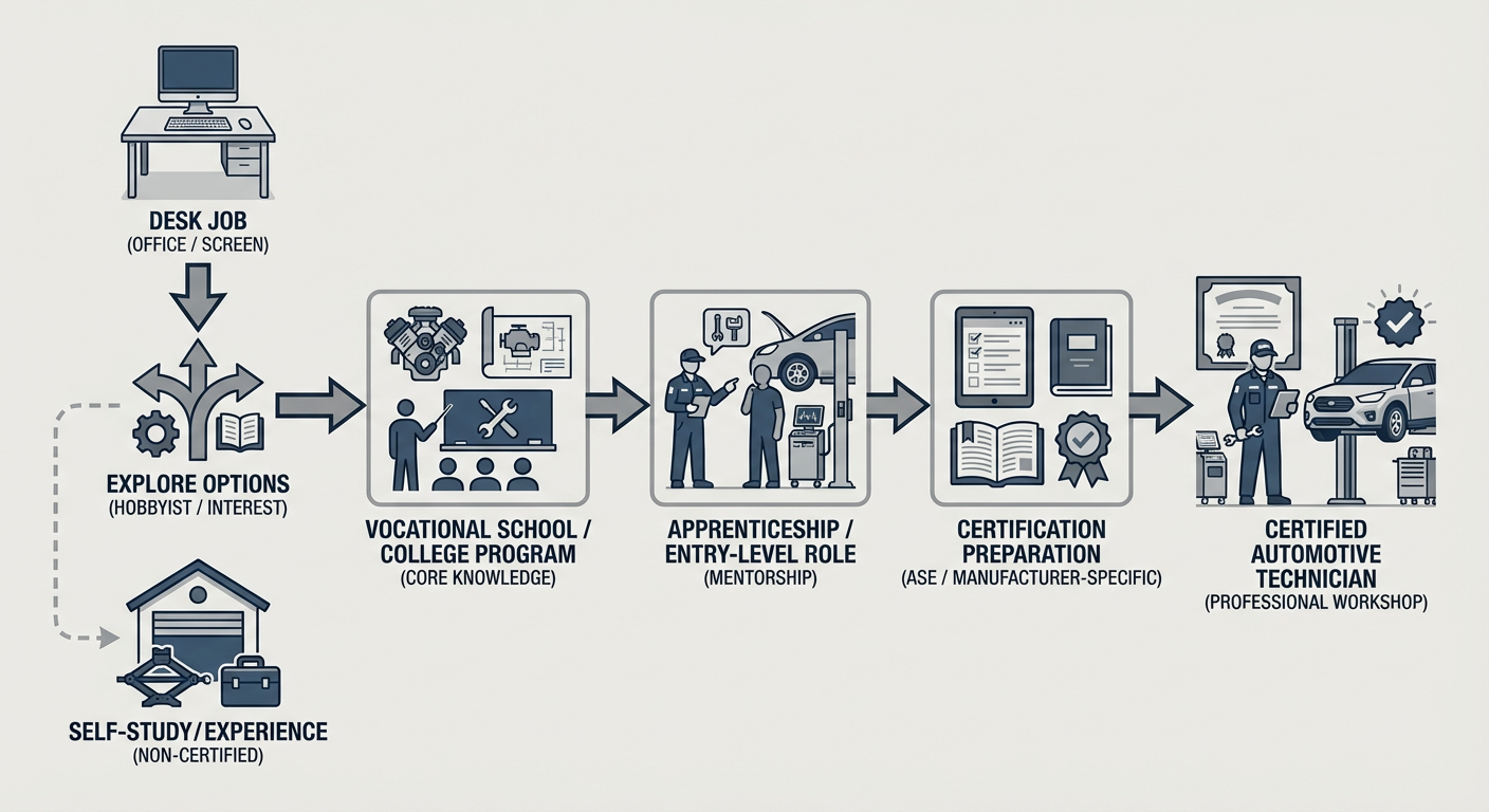 Flowchart showing the transition path from a desk job to a certified automotive technician