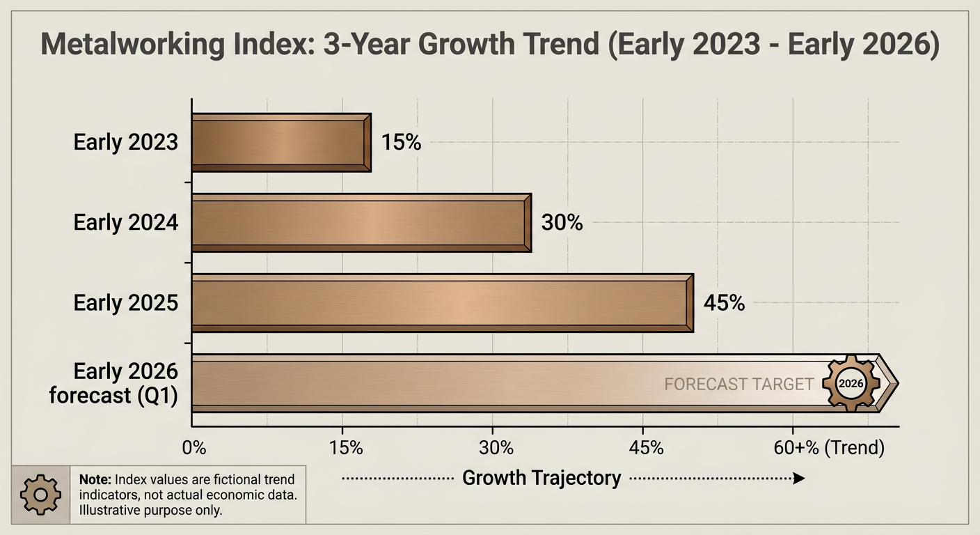 A bar chart showing the 3-year growth trend of the Metalworking Index leading into early 2026