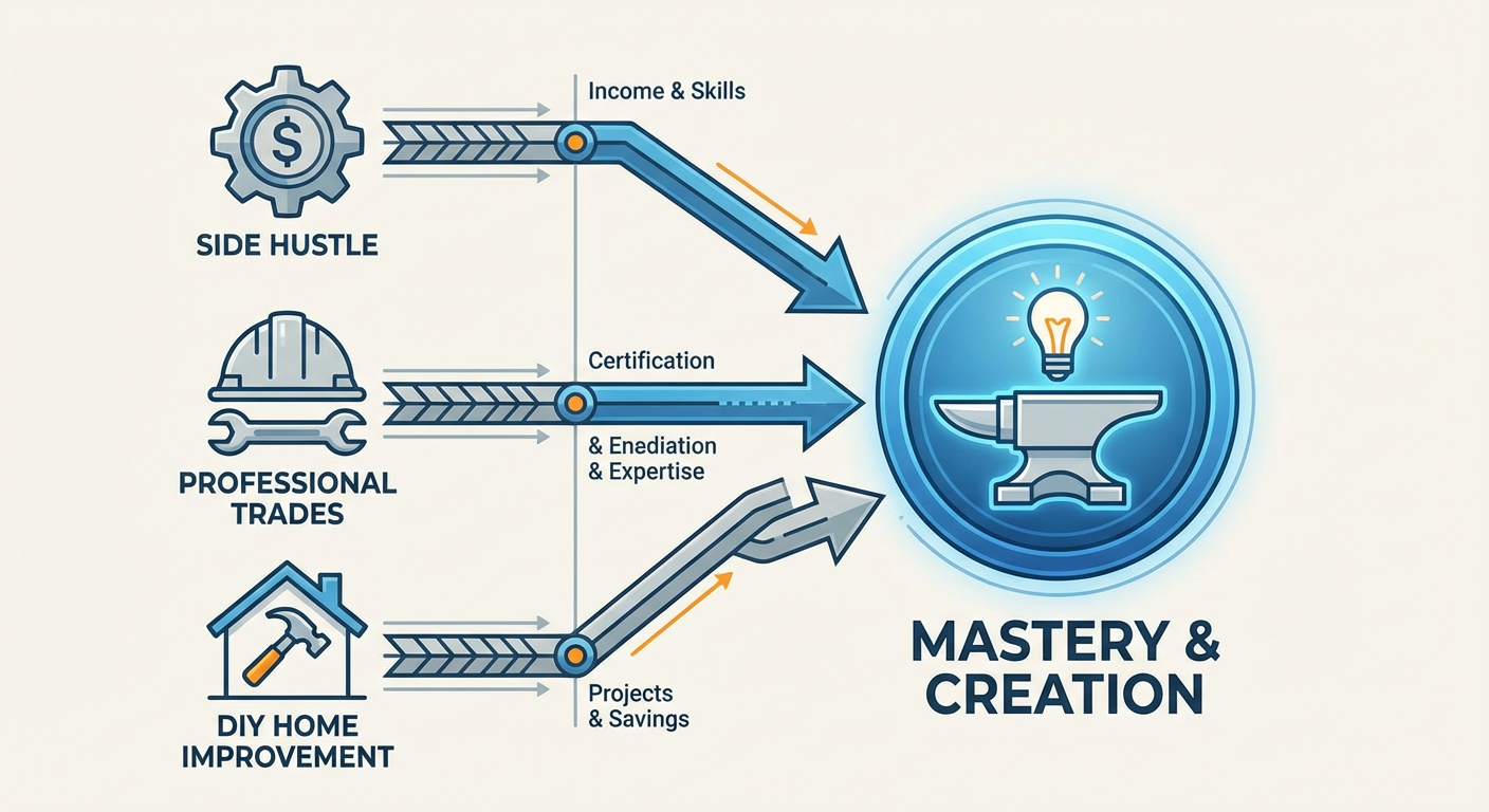 A flowchart showing the three main paths at TigerDen—Side Hustle, Professional Trades, and DIY Home Improvement—all leading to the central goal of 