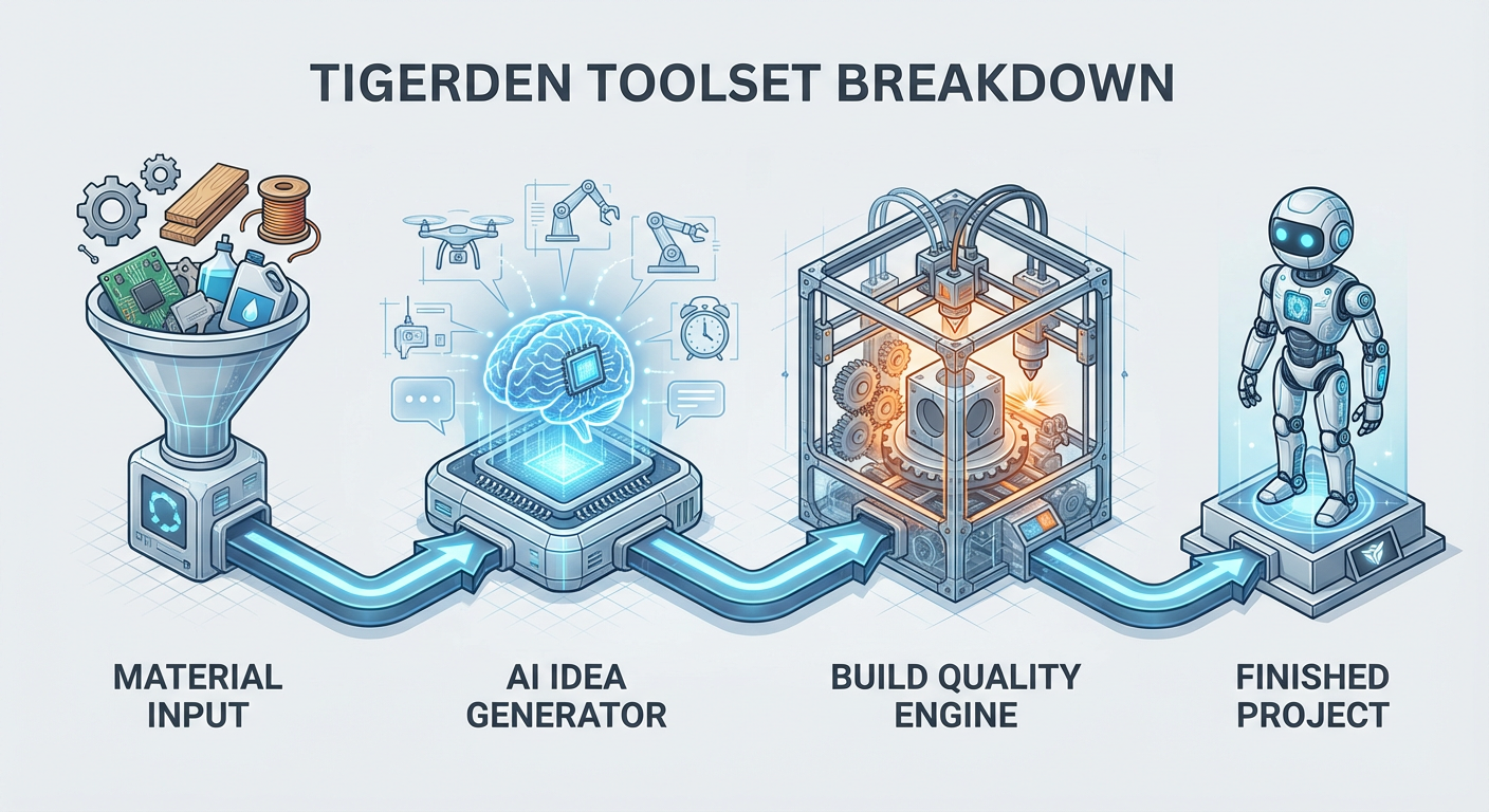 A breakdown of the TigerDen toolset: Material Input -> AI Idea Generator -> Build Quality Engine -> Finished Project