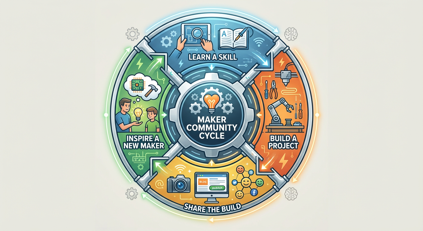 A circular diagram representing the community cycle: Learn a Skill -> Build a Project -> Share the Build -> Inspire a New Maker
