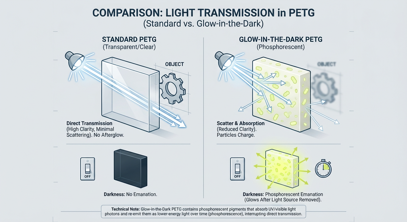 Comparison of Light Transmission in standard PETG vs Glow-in-the-Dark PETG