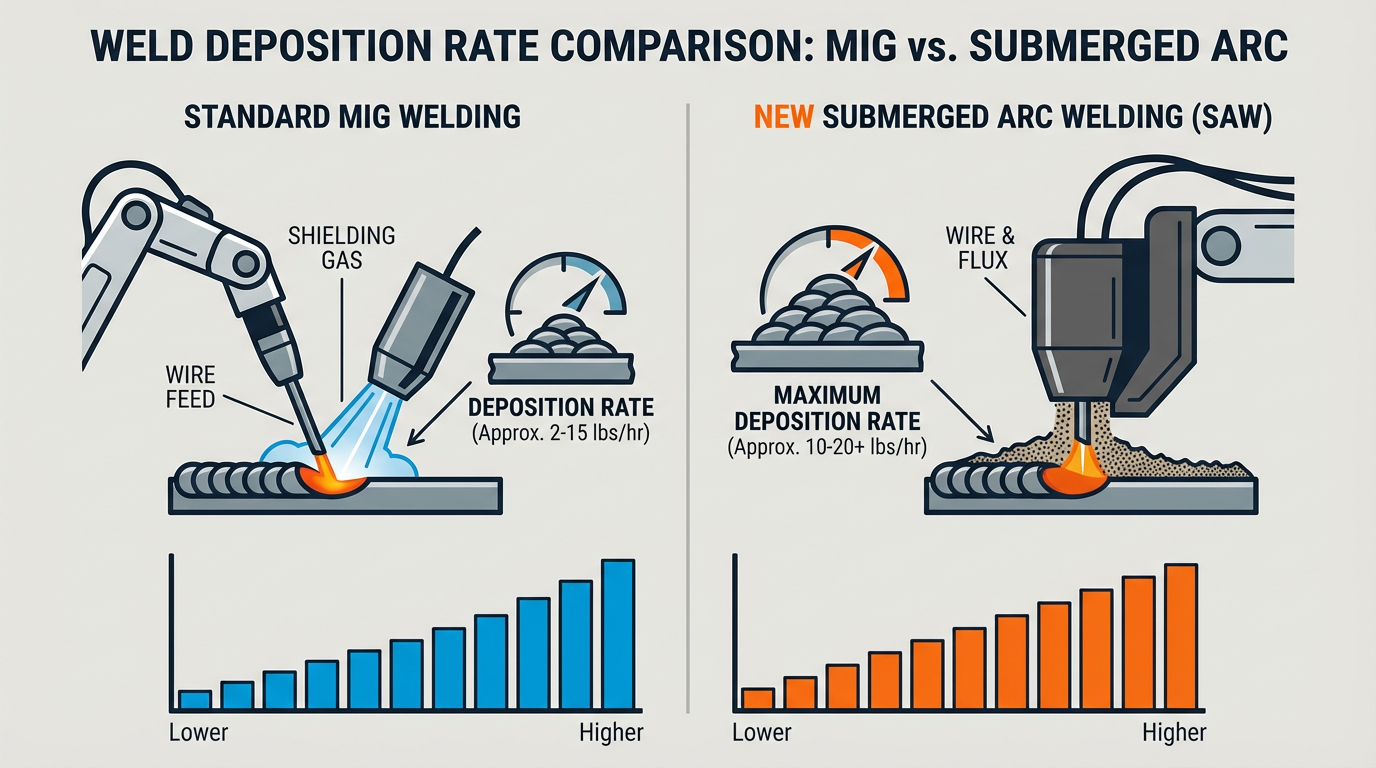 Comparison chart showing welding deposition rates of standard MIG vs. New Submerged Arc Welding systems