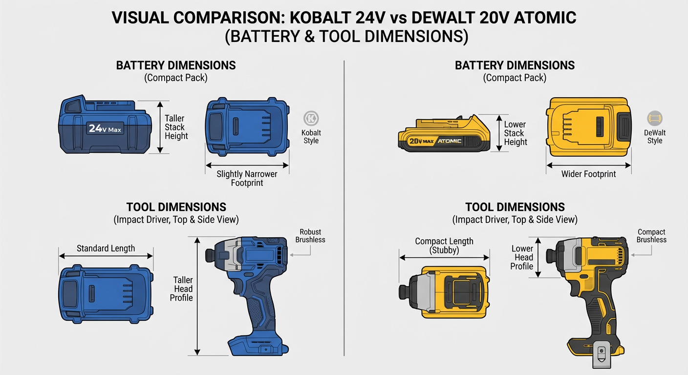Comparison chart of Kobalt 24V vs DeWalt 20V Atomic battery and tool dimensions