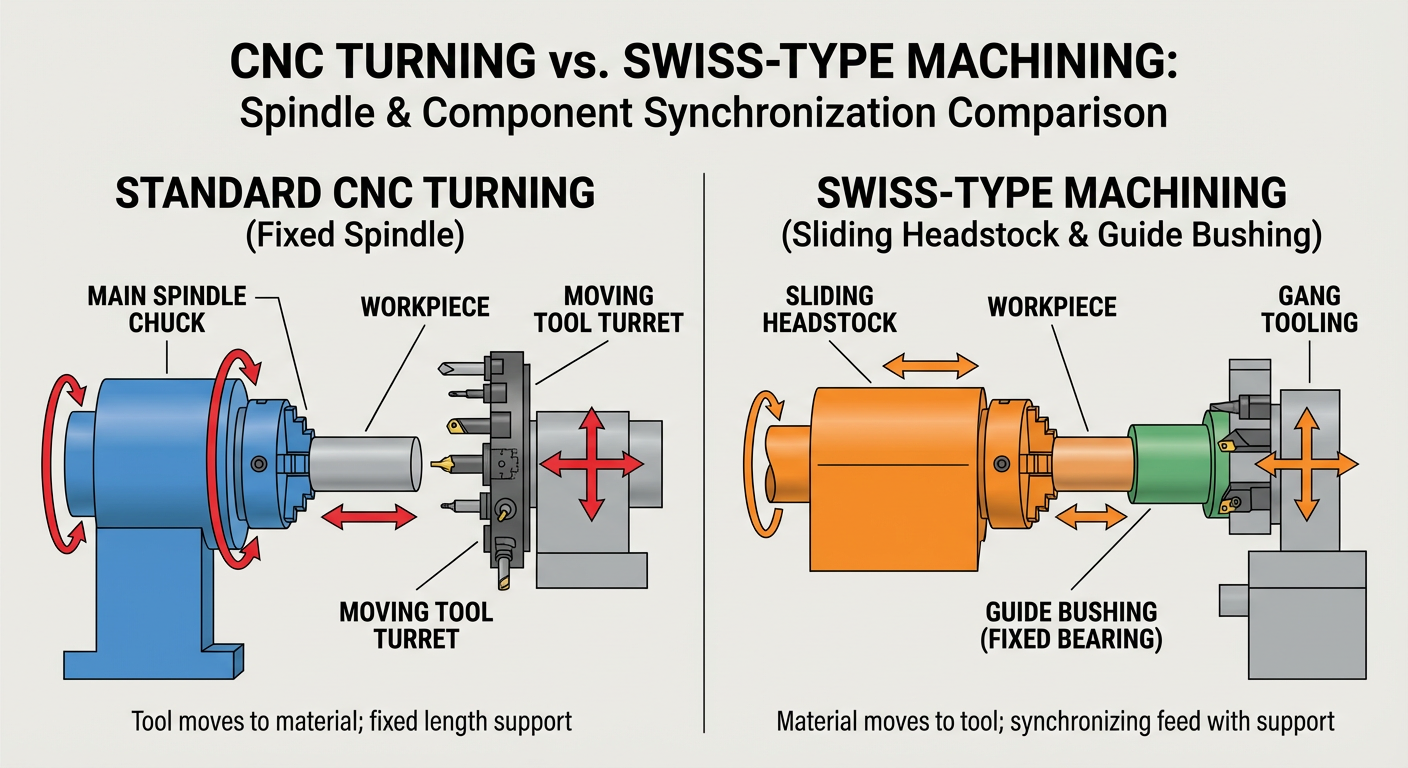 Comparison of standard CNC turning vs. Swiss-Type machining synchronization