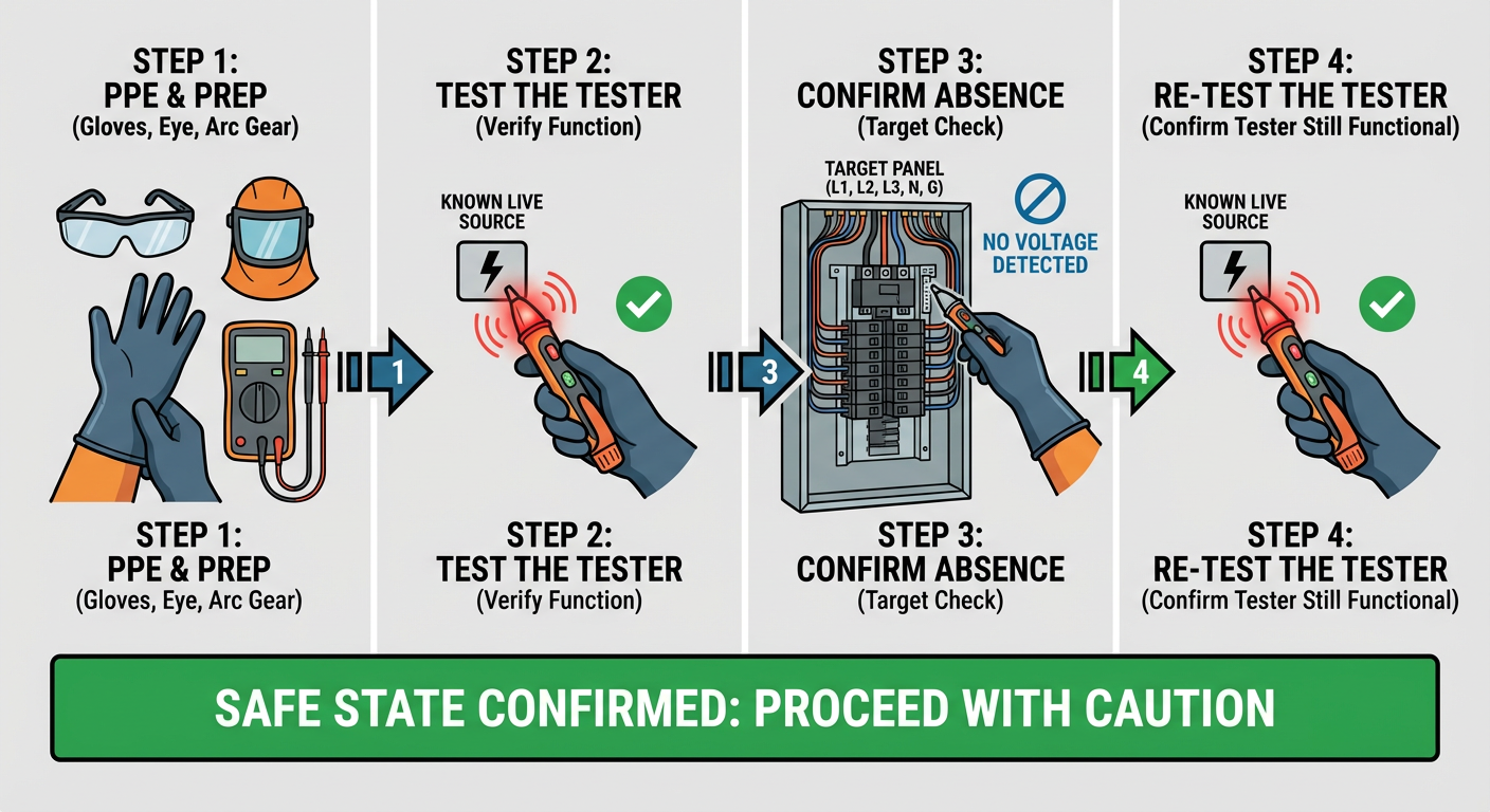 Safety checklist for confirming Absence of Voltage in a commercial panel