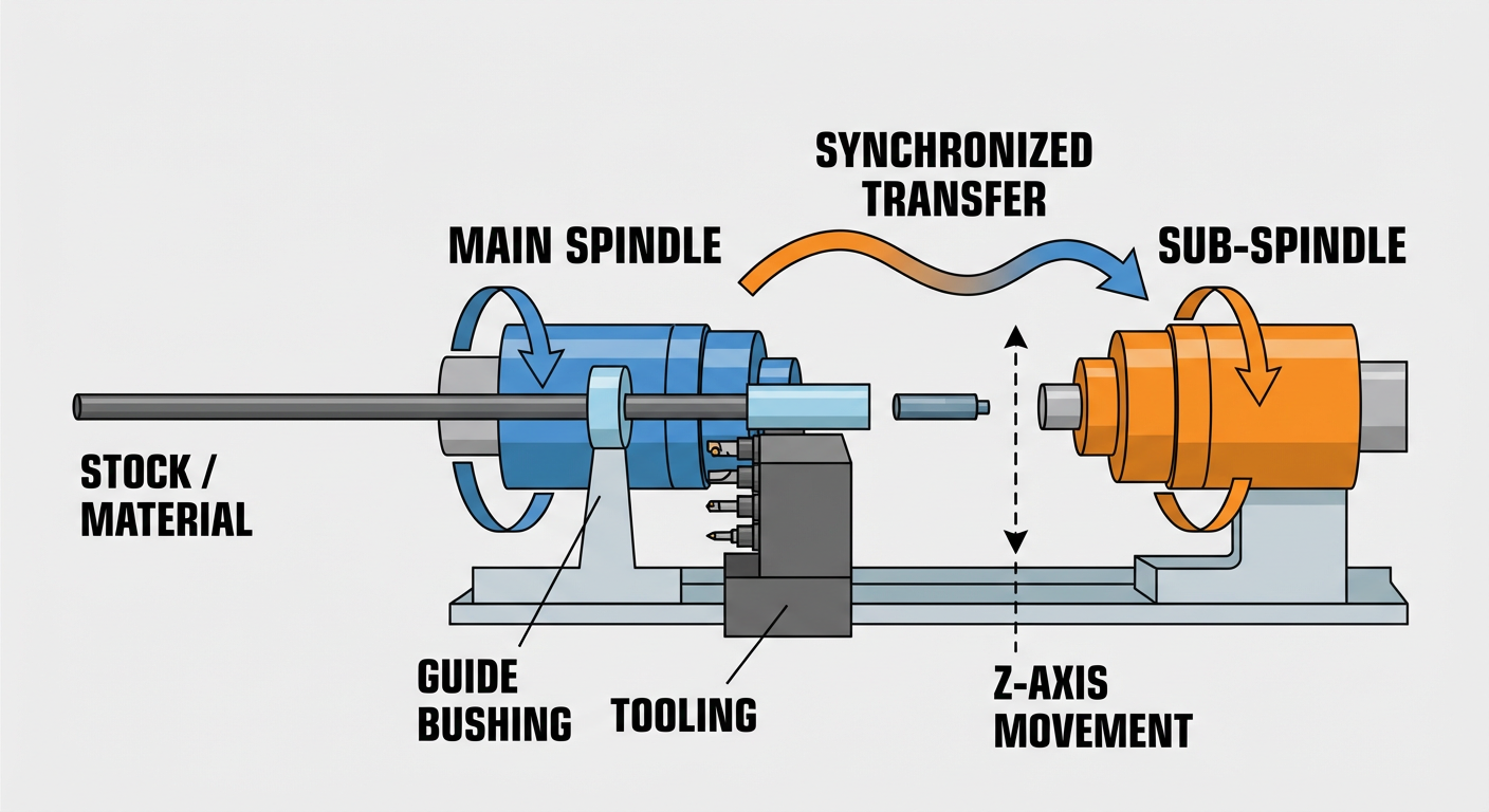Simplified schematic of a Swiss-type CNC machine highlighting the synchronization between main spindle and sub-spindle