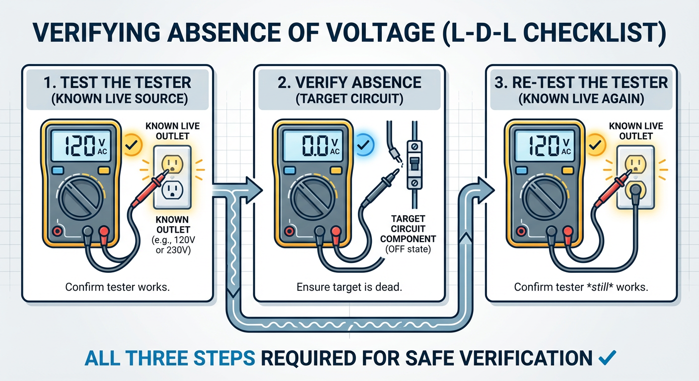 Workplace safety checklist for verifying absence of voltage on a circuit