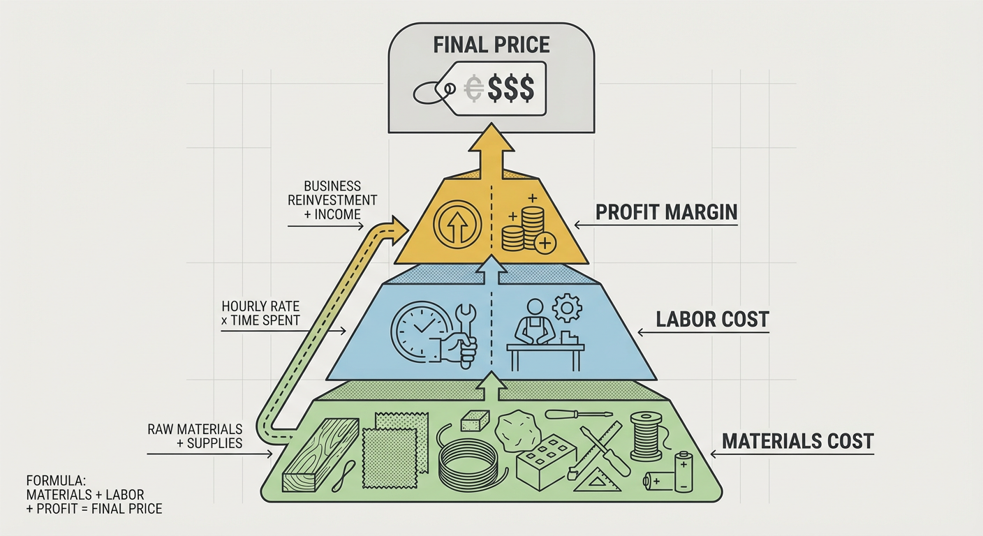 Pricing formula for handmade goods: (Materials + Hourly Rate) x 2 = Wholesale; Wholesale x 2 = Retail
