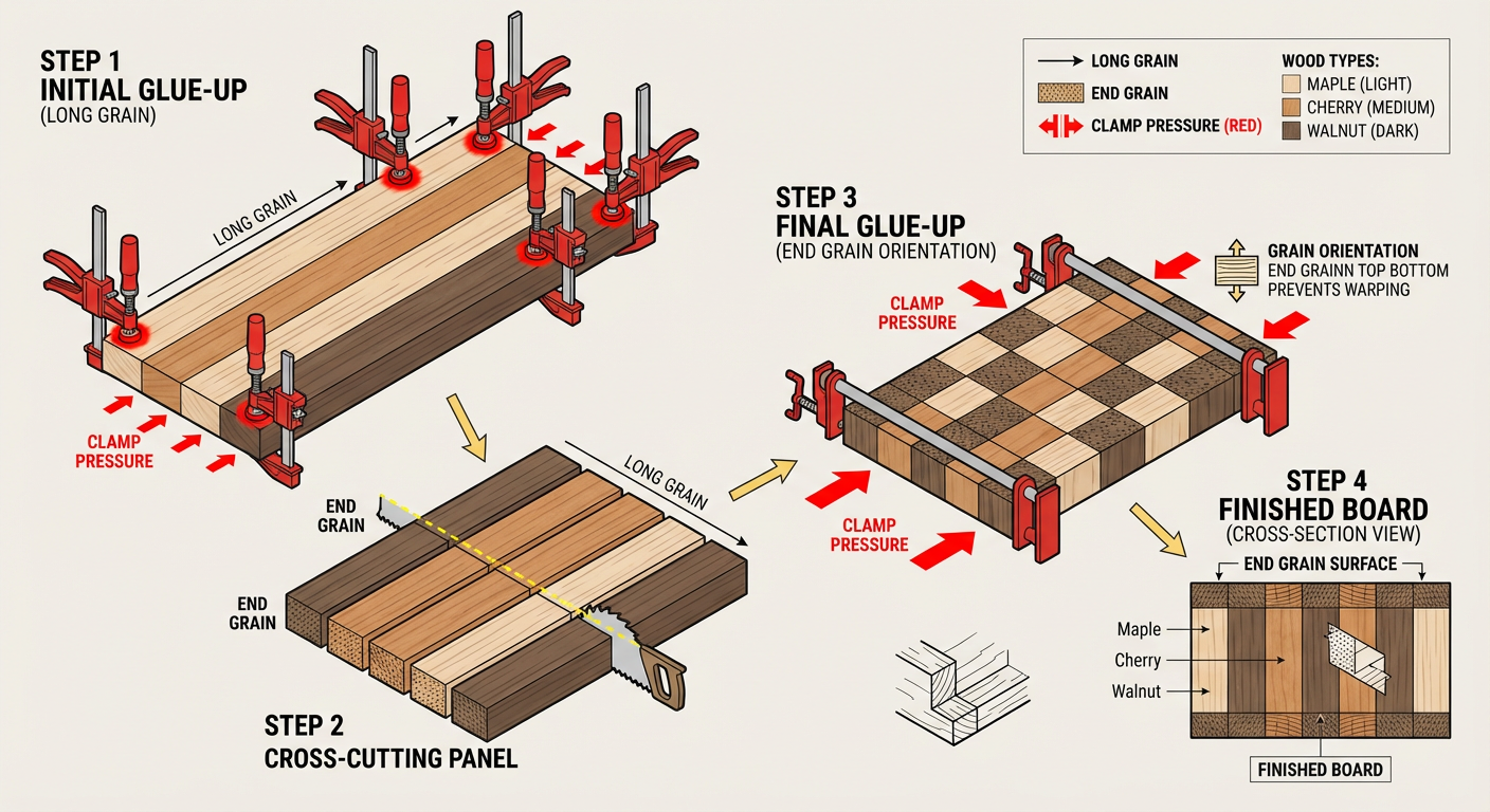 Step-by-step assembly order for a multi-wood end-grain cutting board