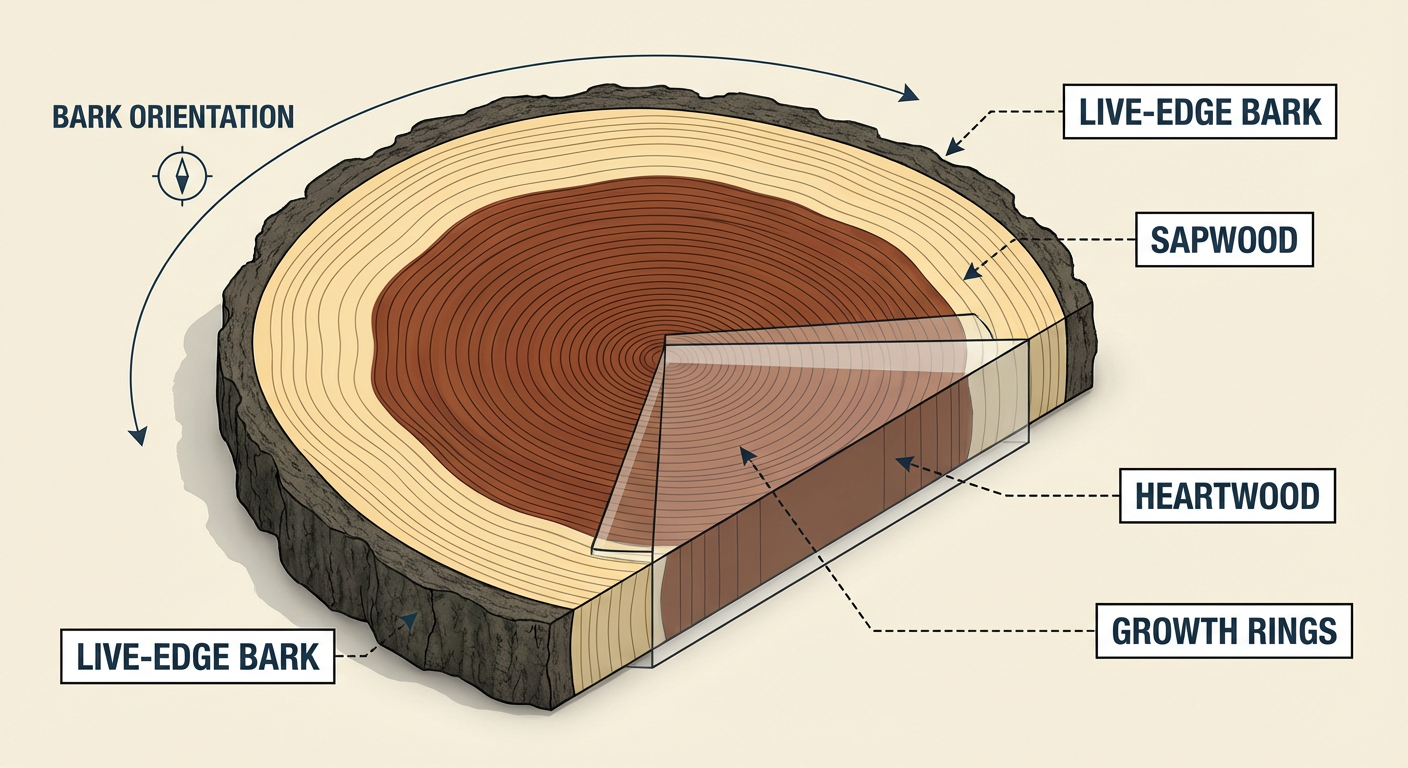 Anatomy of a Wood Slab: Identifying heartwood, sapwood, and live-edge orientation