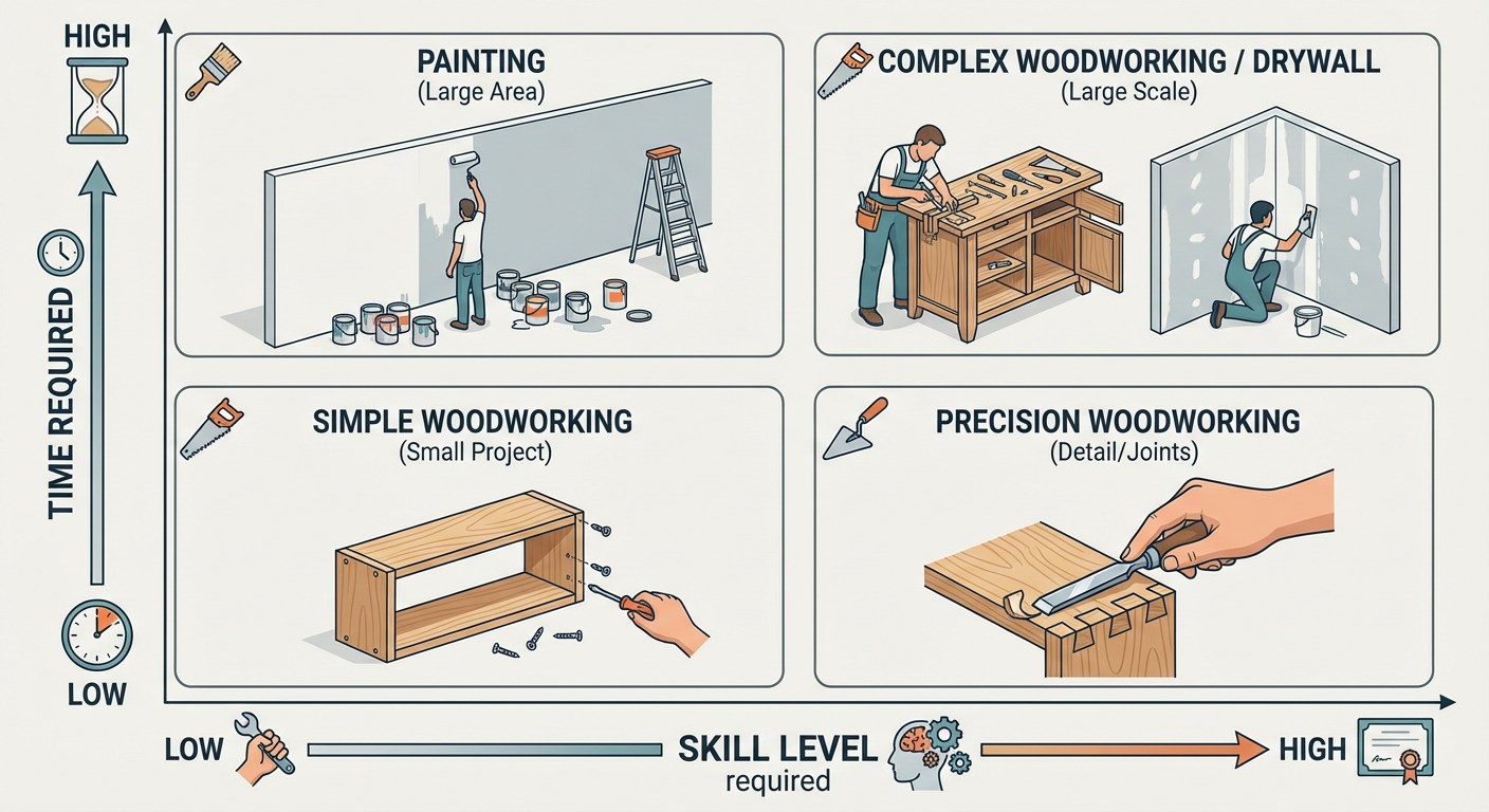 DIY Project Difficulty Matrix showing Woodworking, Painting, and Drywall