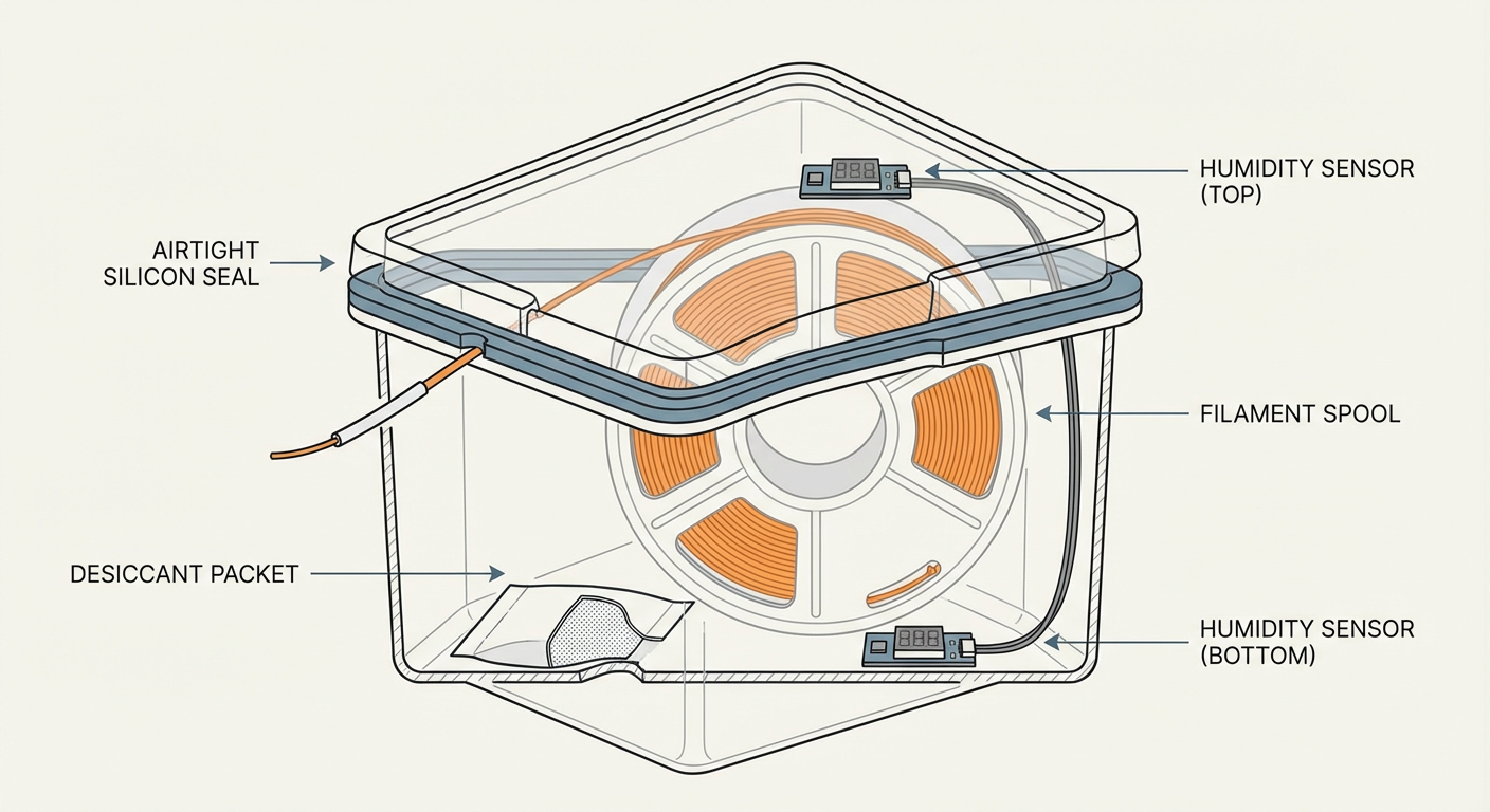 Cross-section of a drybox showing airtight silicon seal and humidity control airflow