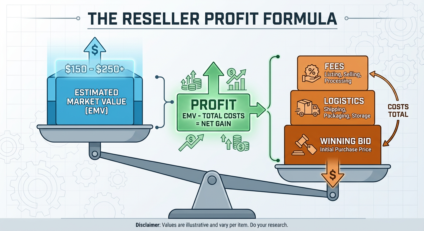 The Reseller Profit Formula: (Winning Bid + Logistics + Fees) vs. Estimated Market Value