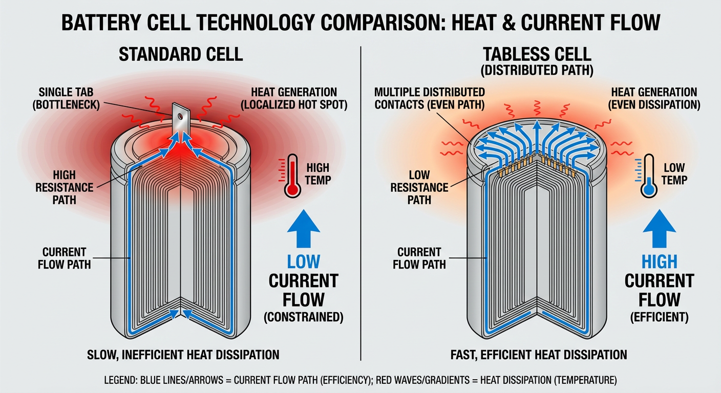 Comparison of standard vs. tabless battery cell technology showing heat dissipation and current flow levels