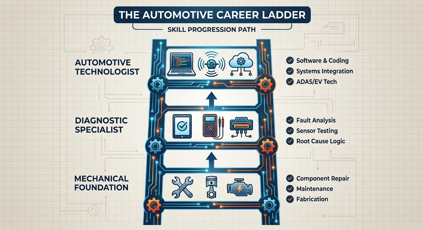 The Automotive Career Ladder showing the transition from mechanical to diagnostic to technologist roles