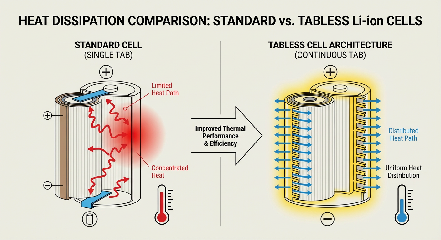 Comparison of standard Li-ion battery cells vs. new tabless cell architecture showing heat dissipation paths