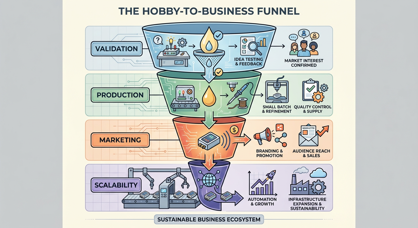 The Hobby-to-Business funnel: Validation -> Production -> Marketing -> Scalability