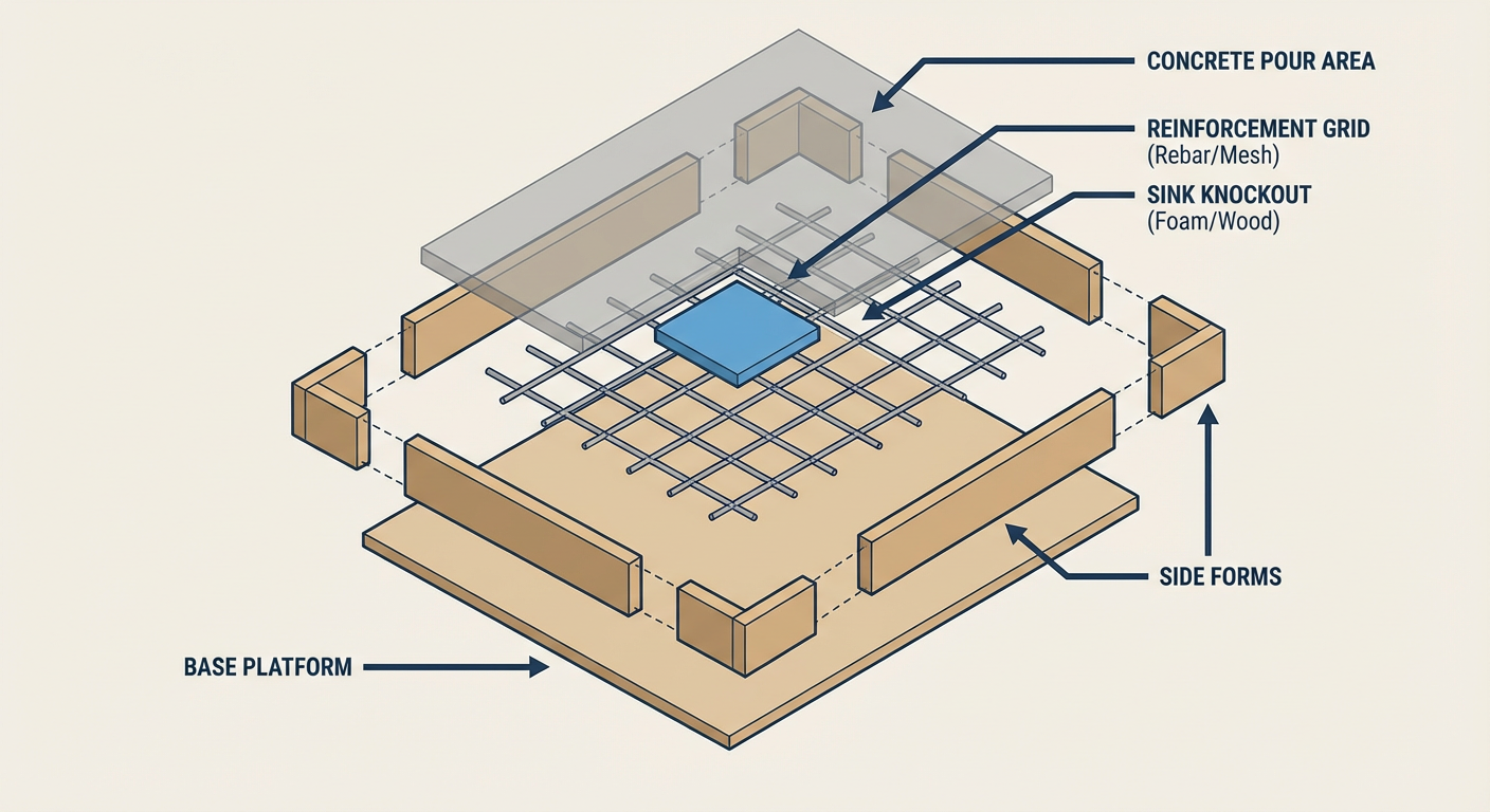Exploded view of a concrete countertop mold including reinforcement placement and knockouts for the sink