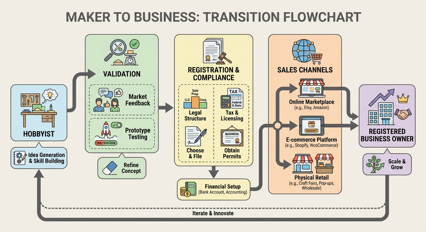 Flowchart showing the transition steps from hobbyist to registered business owner