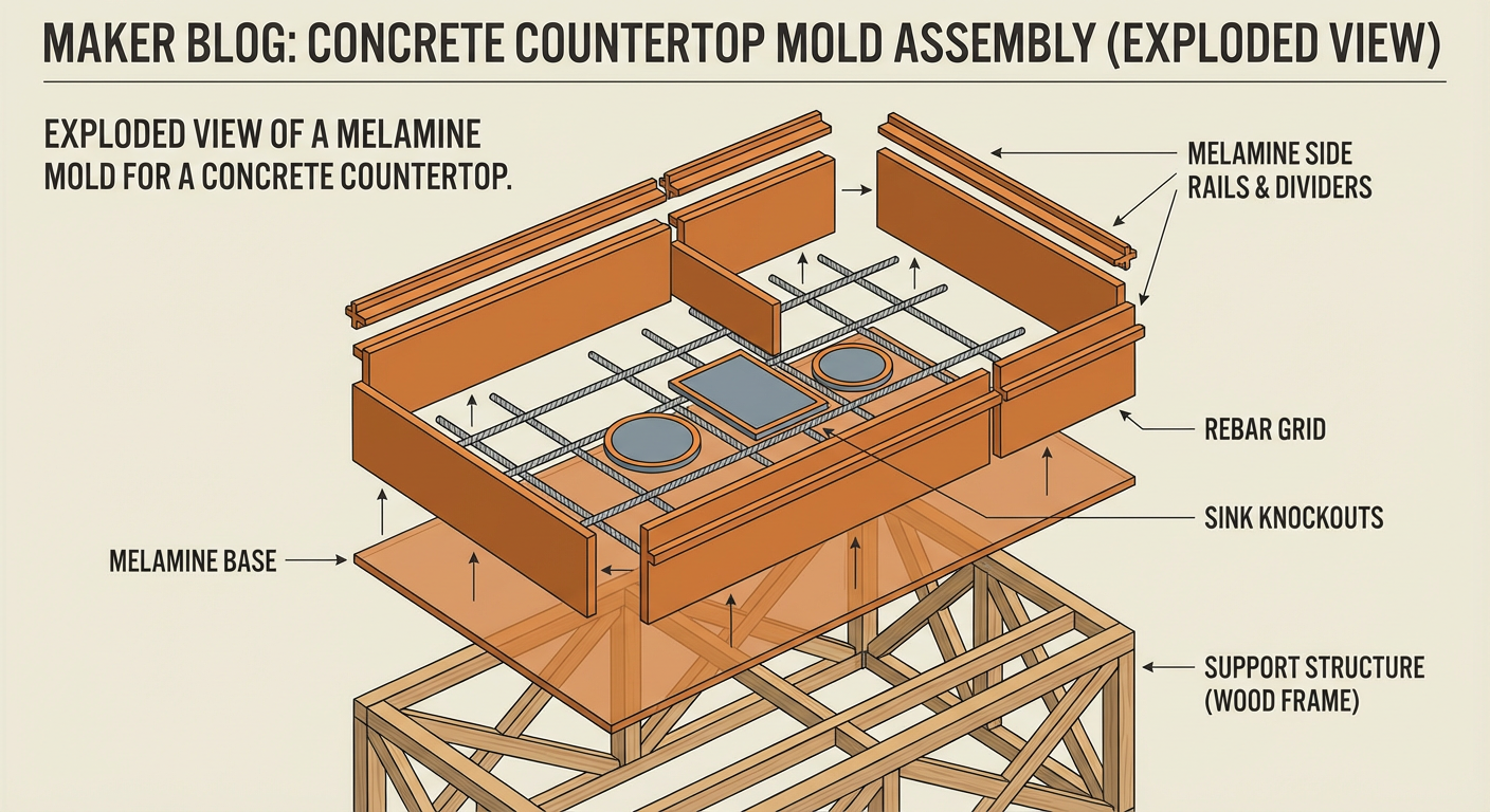 Exploded view of a melamine mold for a concrete countertop showing reinforcement and knockouts