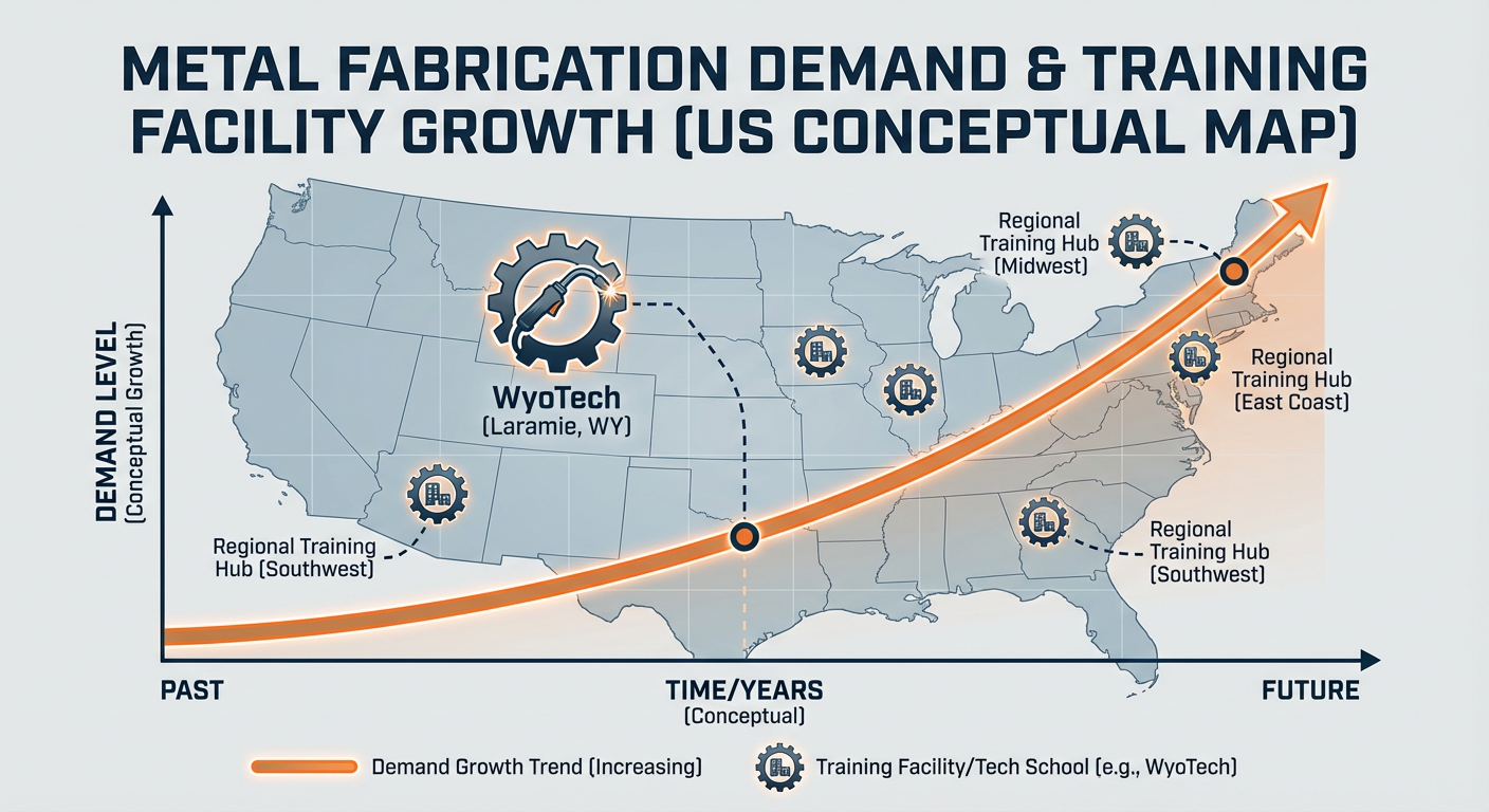 A map or chart showing the growth of metal fabrication demand and training facilities like WyoTech