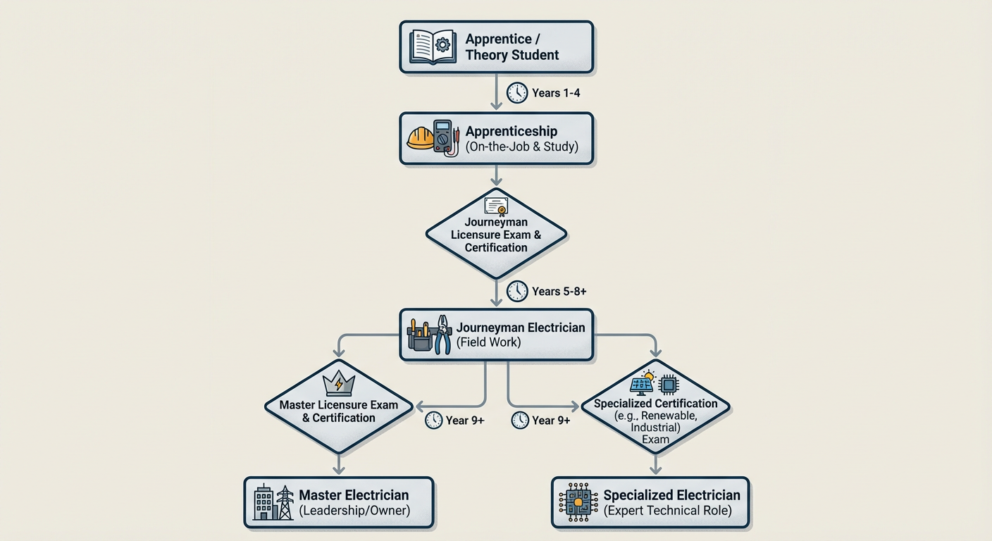 Flowchart of an electrical career path from Apprentice/Theory to Master Electrician/Specialist