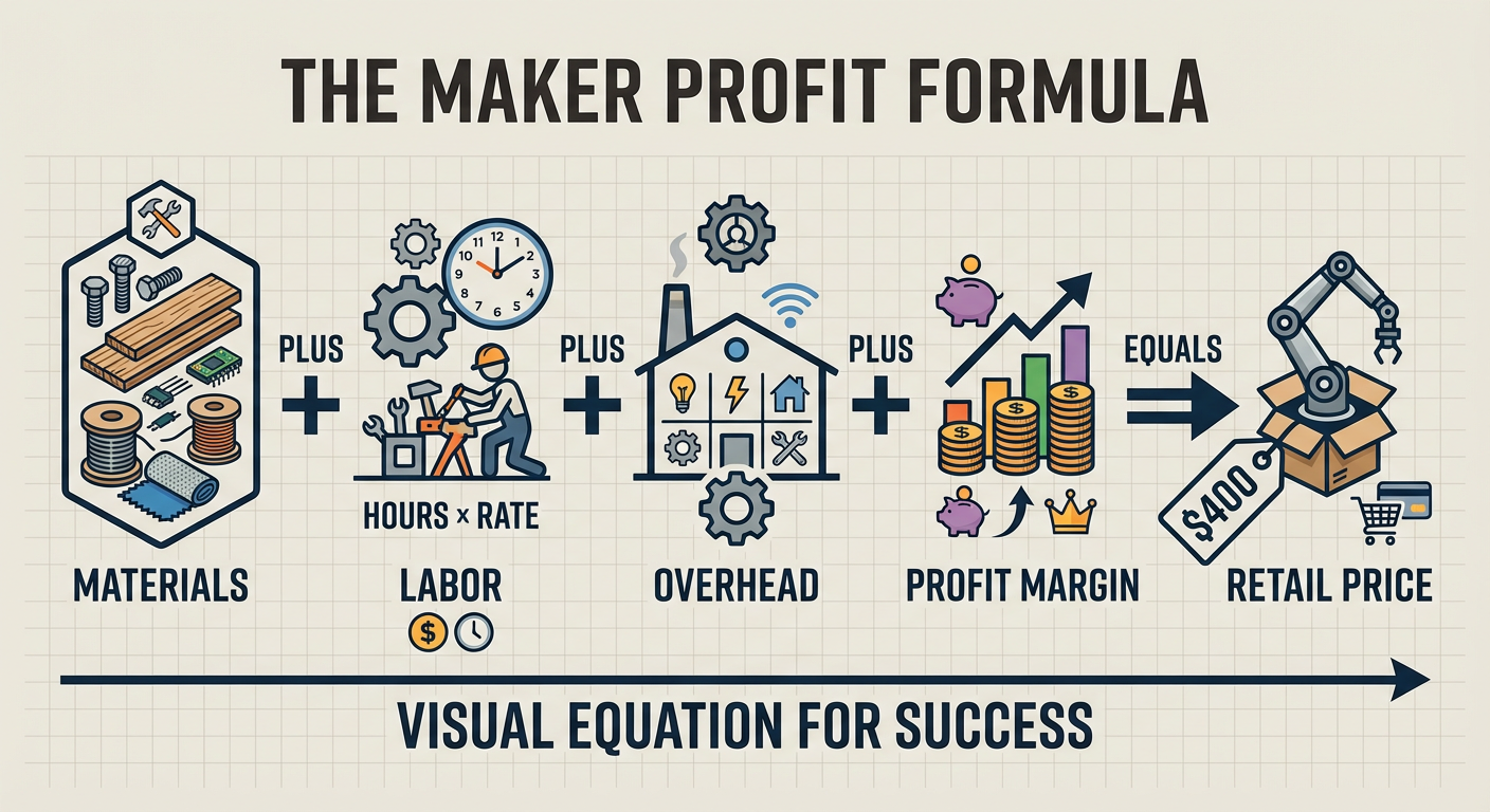 The Maker Profit Formula: Materials + (Labor Hours x Rate) + Overhead + Profit Margin = Retail Price