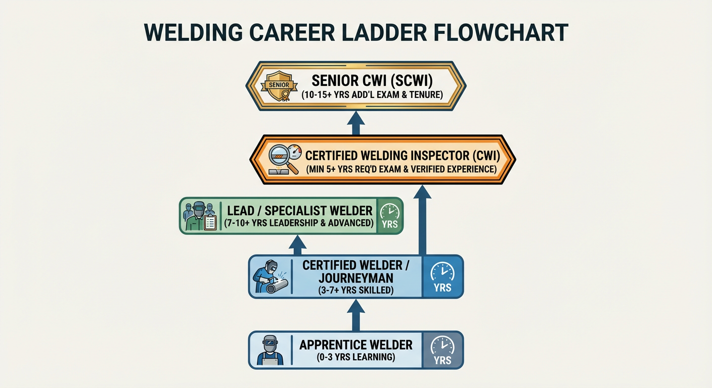 Welding career ladder from apprentice to Certified Welding Inspector (CWI) and Senior CWI