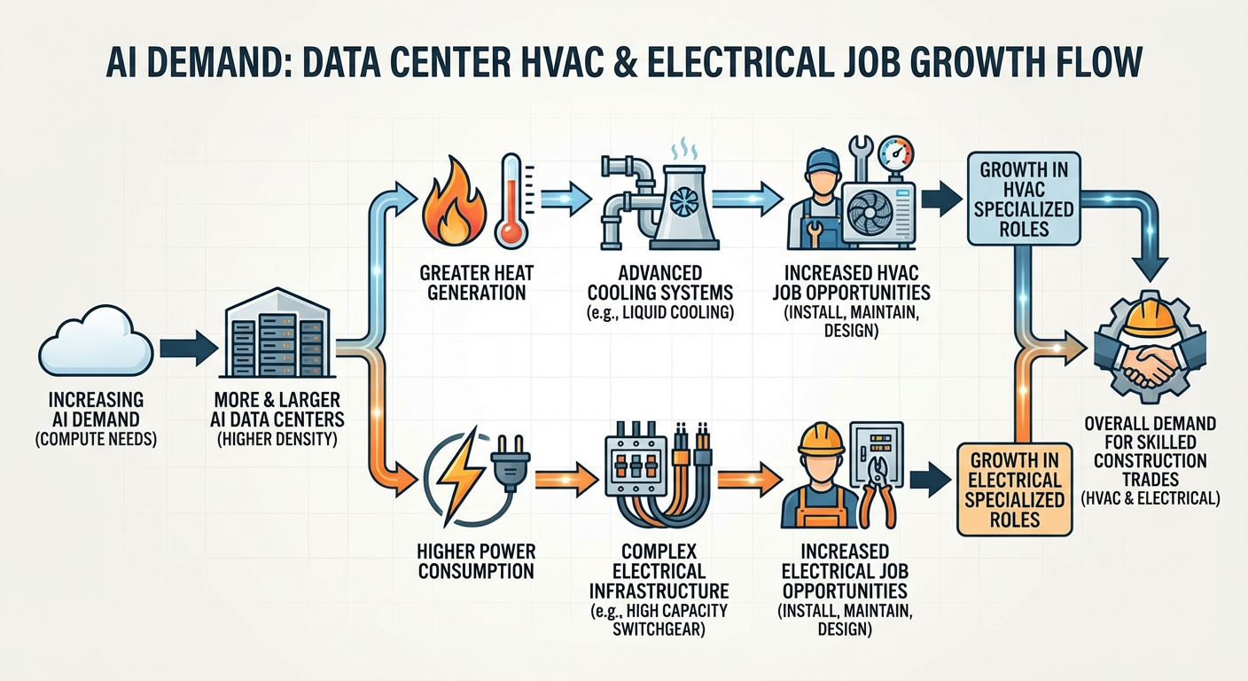 Flowchart showing how AI demand leads to increased HVAC and Electrical job opportunities