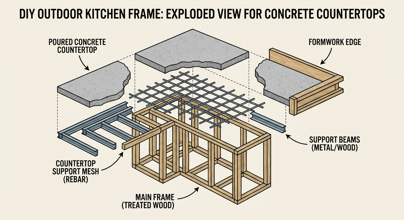 Exploded view of a DIY outdoor kitchen frame, showing the supports required for heavy concrete countertops