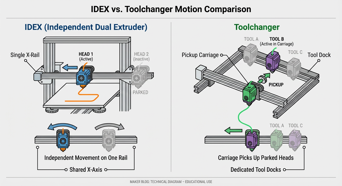 Comparison of IDEX vs. Toolchanging mechanism showing how toolheads are parked vs. active