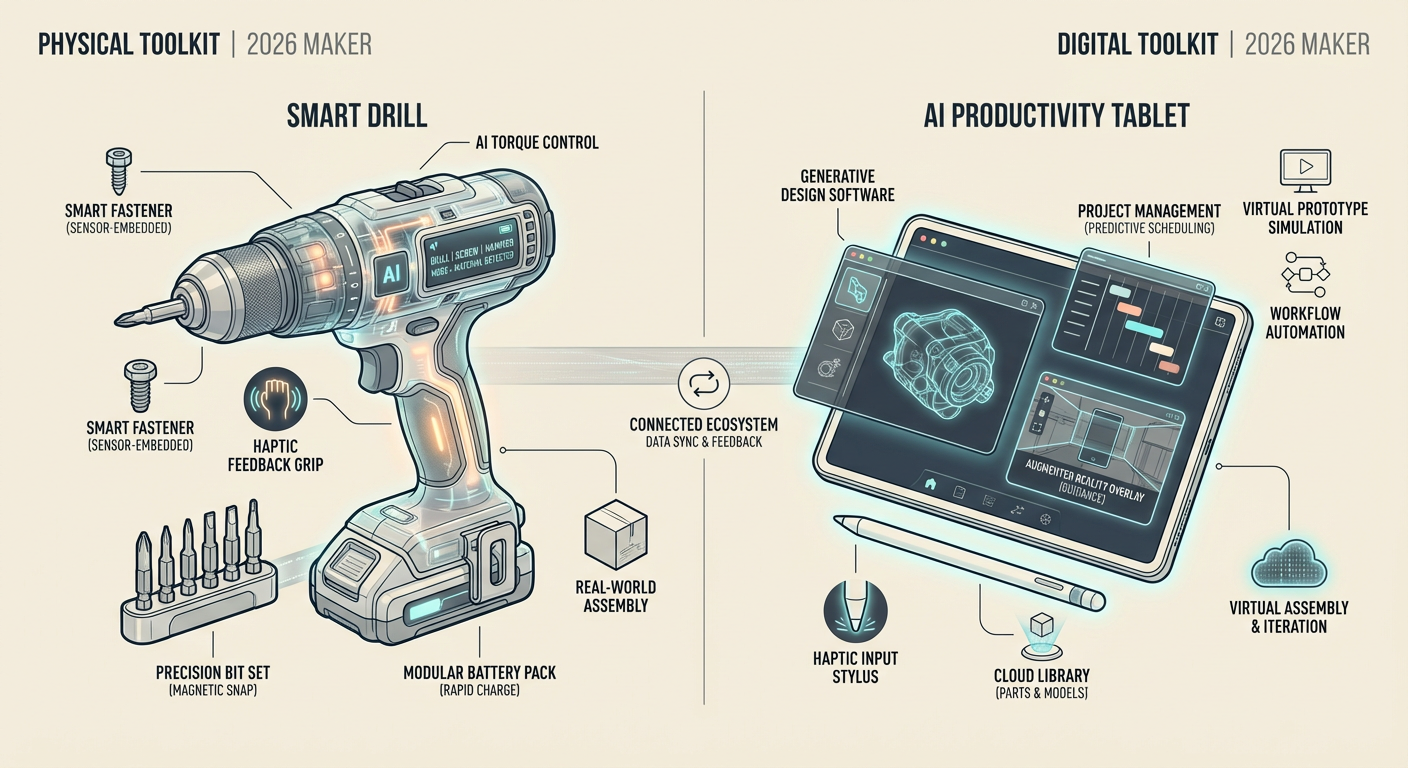 A layout showing the 'Digital vs. Physical' toolkit for a 2026 Maker