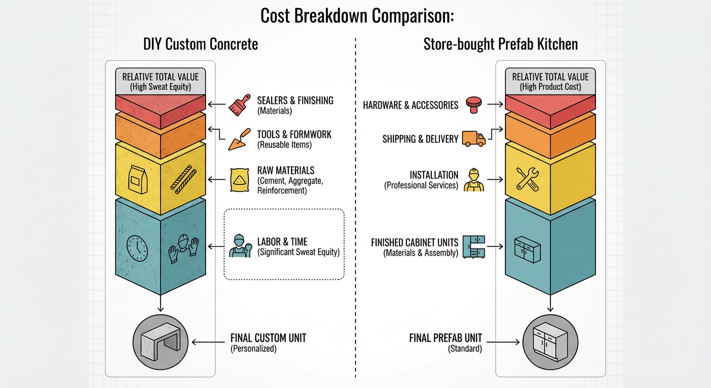Cost breakdown comparison: DIY Custom Concrete vs. Store-bought Prefab Kitchen