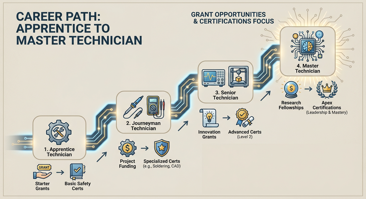 Career progression from apprentice to master technician highlighting grant opportunities