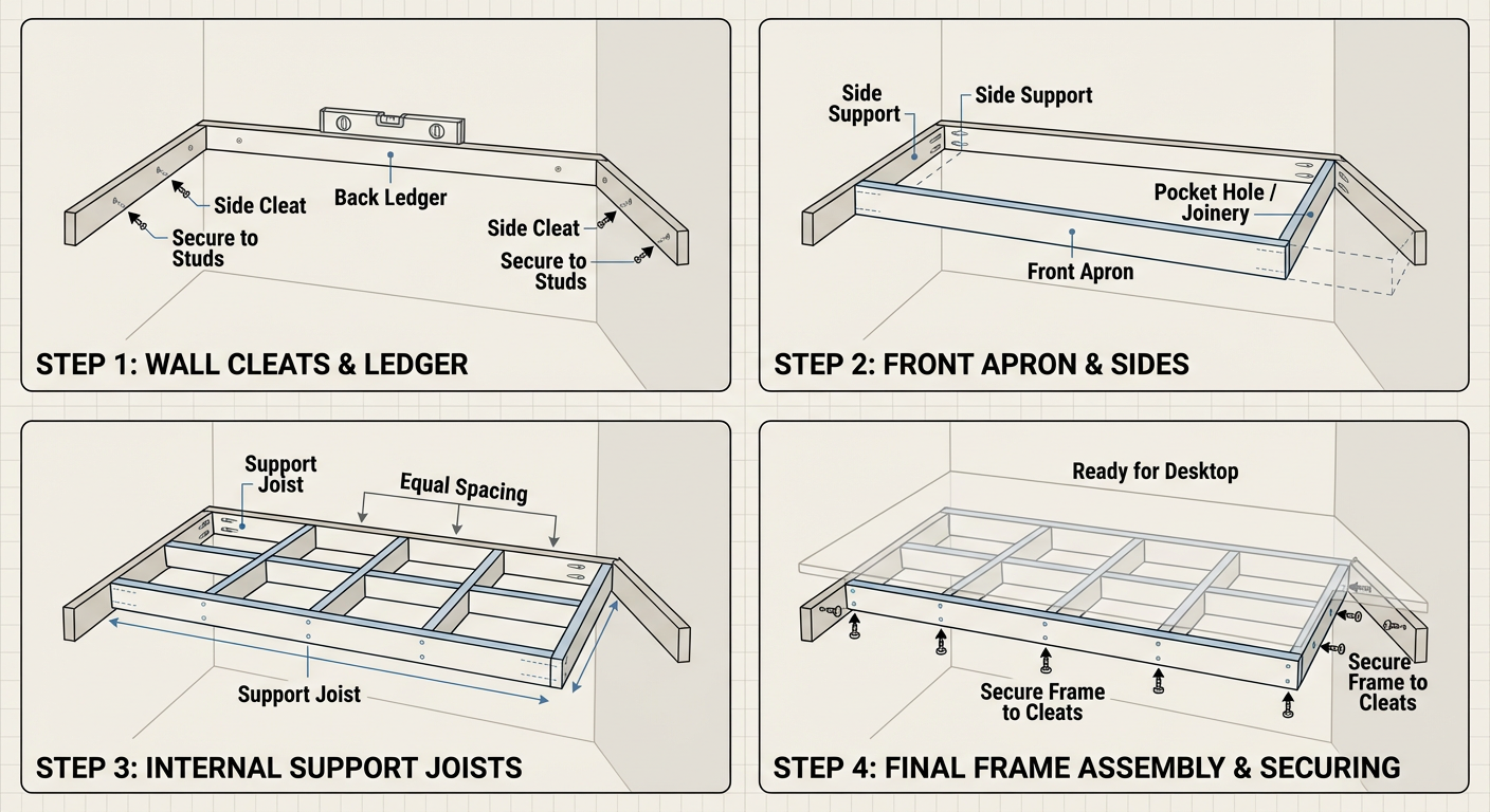Step-by-step assembly of a basic built-in desk frame