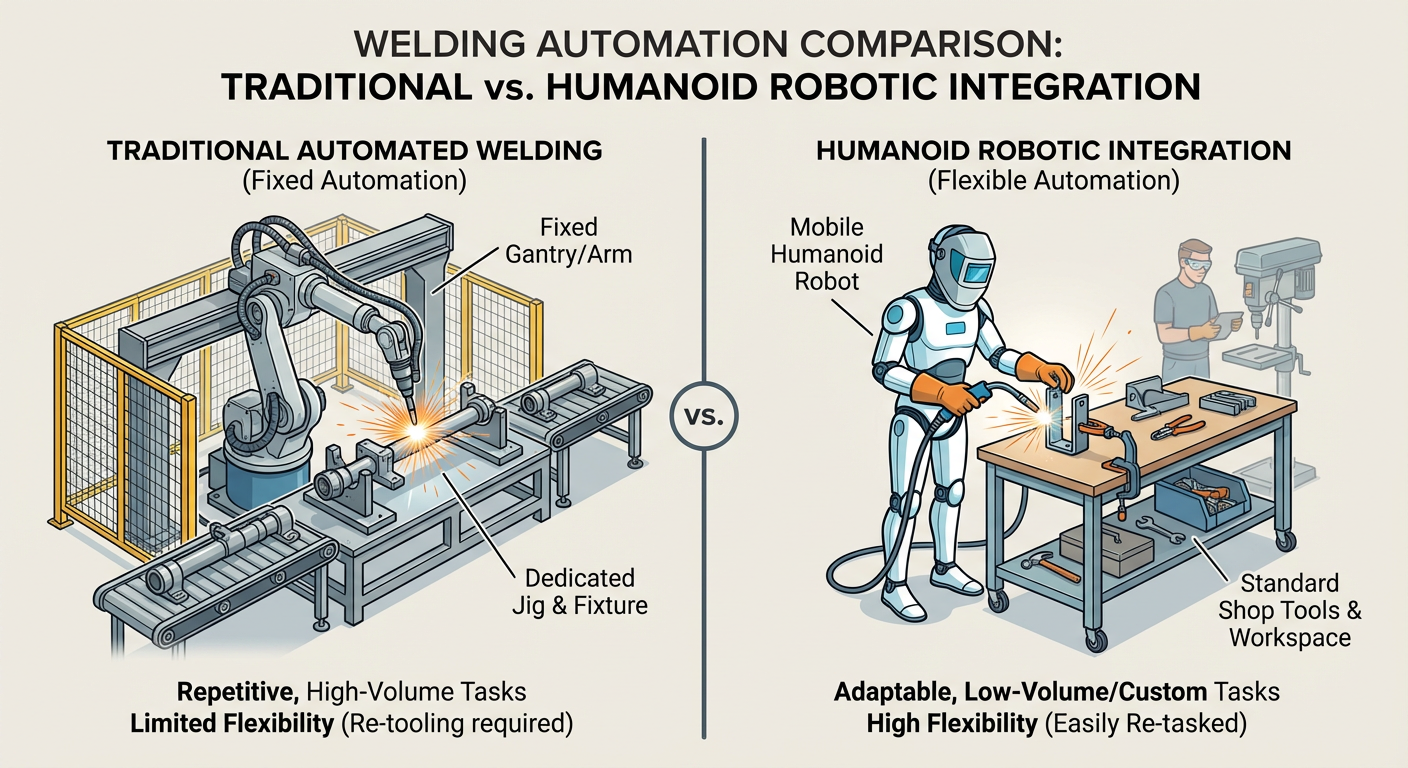 Comparison of traditional automated welding vs. humanoid robotic integration in shop environments