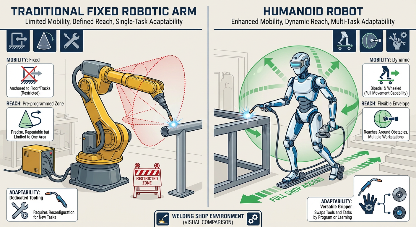 Comparison of traditional robotic arms vs. humanoid robots in a fabrication environment