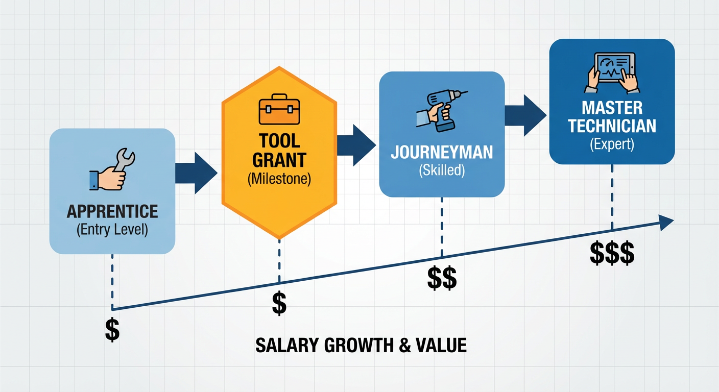 Career progression path from apprentice to master technician with salary milestones