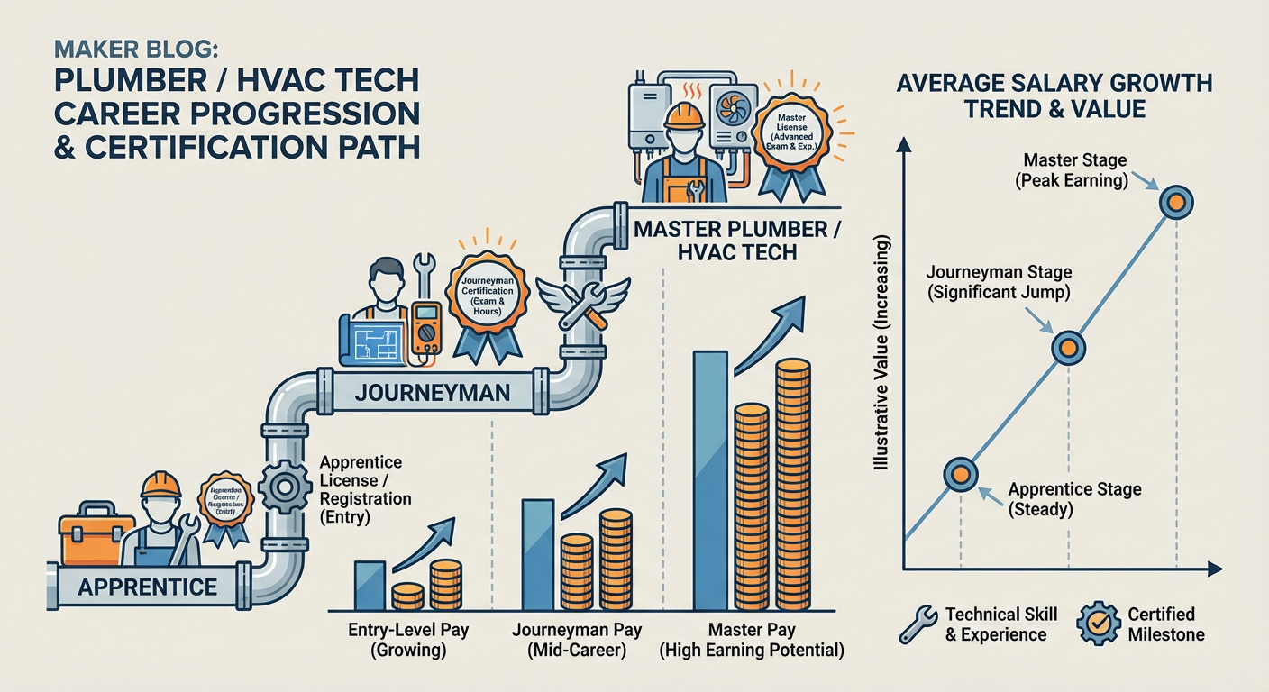 Career progression path from apprentice to Master Plumber/HVAC Tech including certification milestones