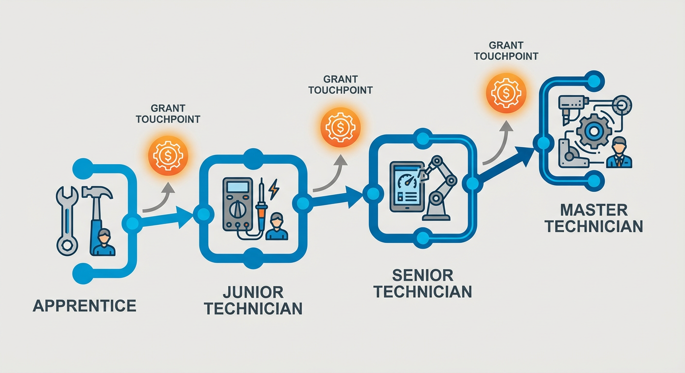 Career progression path from apprentice to master technician highlighting grant touchpoints