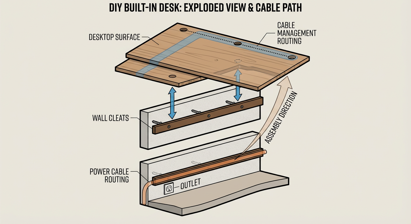 Exploded view of a DIY Built-In Desk frame and surface assembly