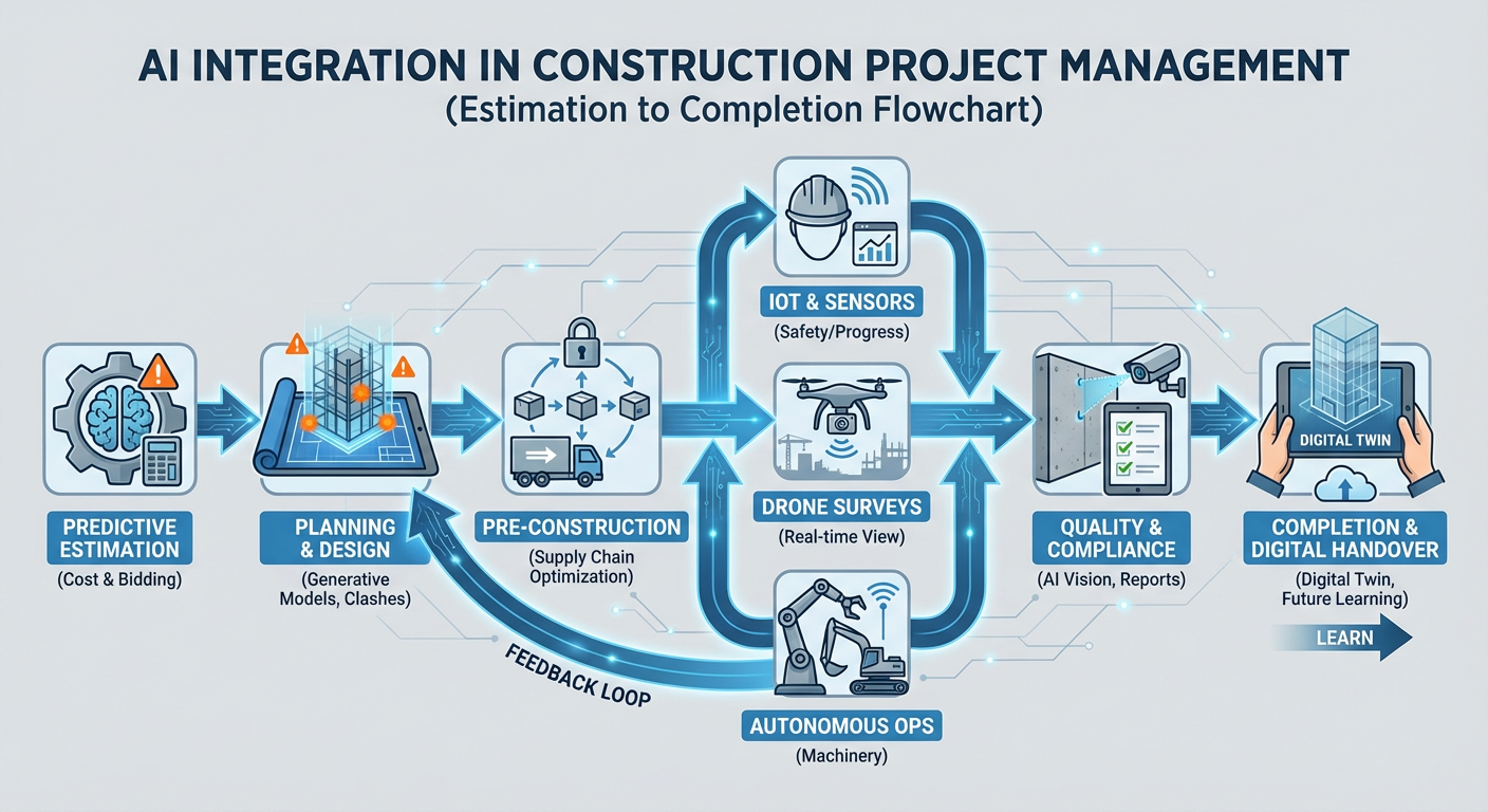 Flowchart of AI integration in construction project management from estimation to completion