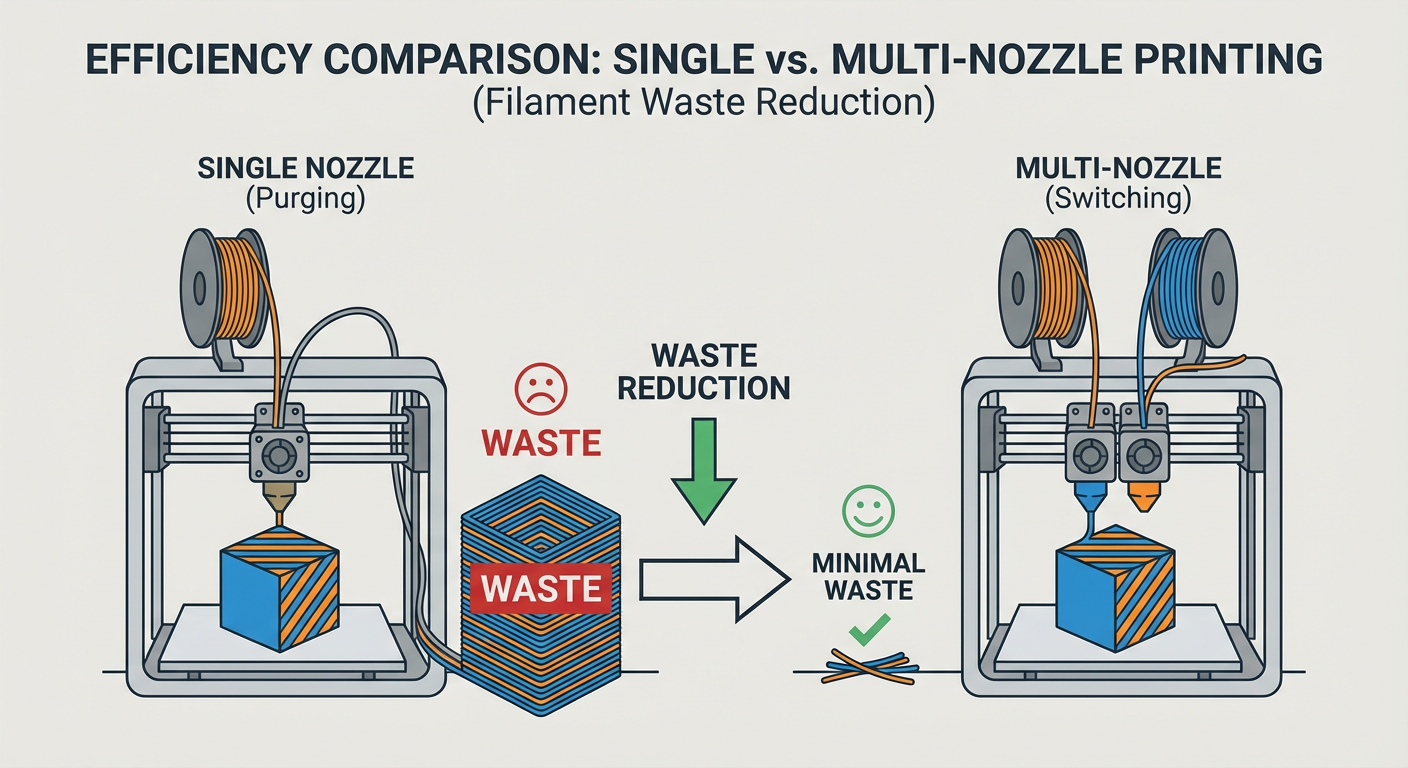 Comparison of Single Nozzle Purging vs Multi-Nozzle Printing efficiency