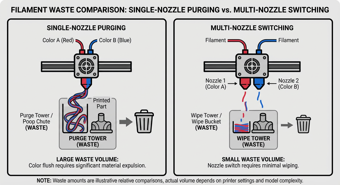 Comparison of filament waste between single-nozzle purging vs. multi-nozzle switching