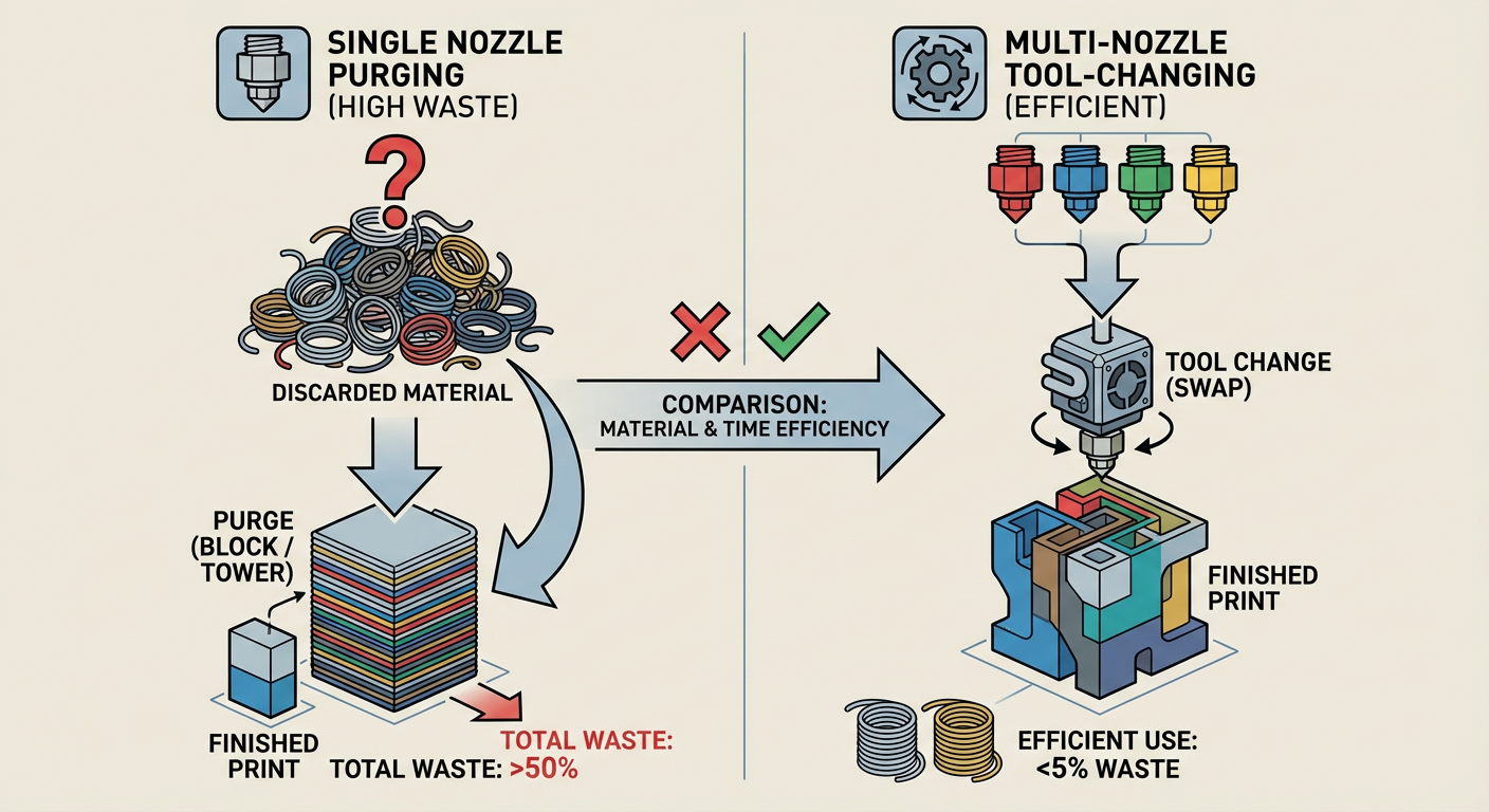Comparison of filament waste between single-nozzle purging and multi-nozzle tool-changing systems