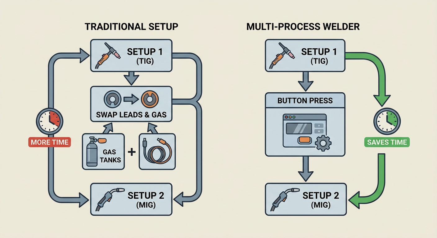 Comparison of traditional welding setup vs. a multi-process system like the iWave
