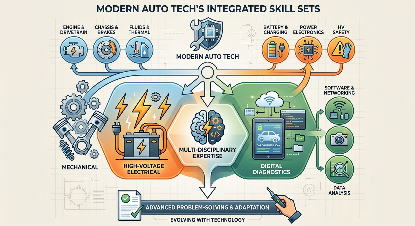 Flowchart of the modern Auto Tech's required skill sets: Mechanical, High-Voltage Electrical, and Digital Diagnostics
