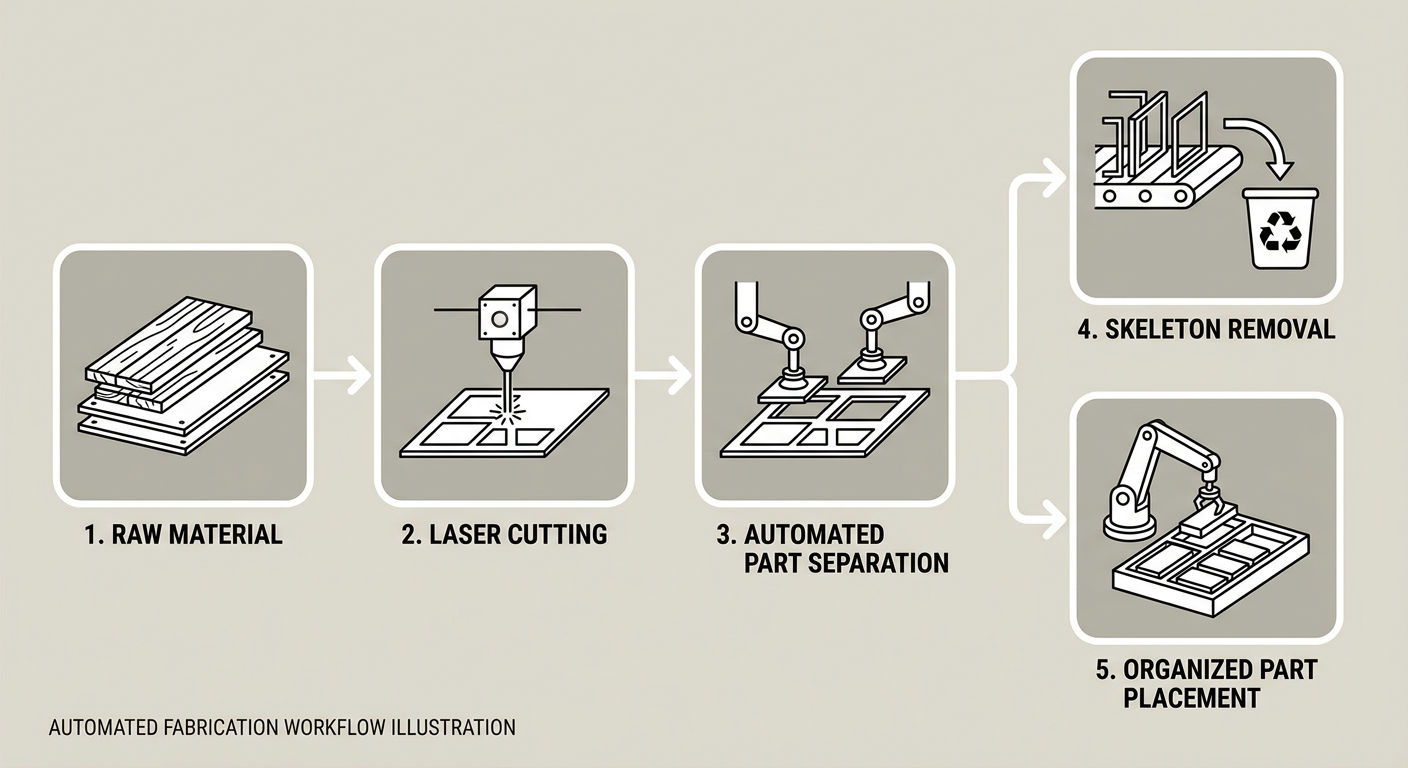 Flowchart of an automated fabrication workflow from laser cutting to sorted parts