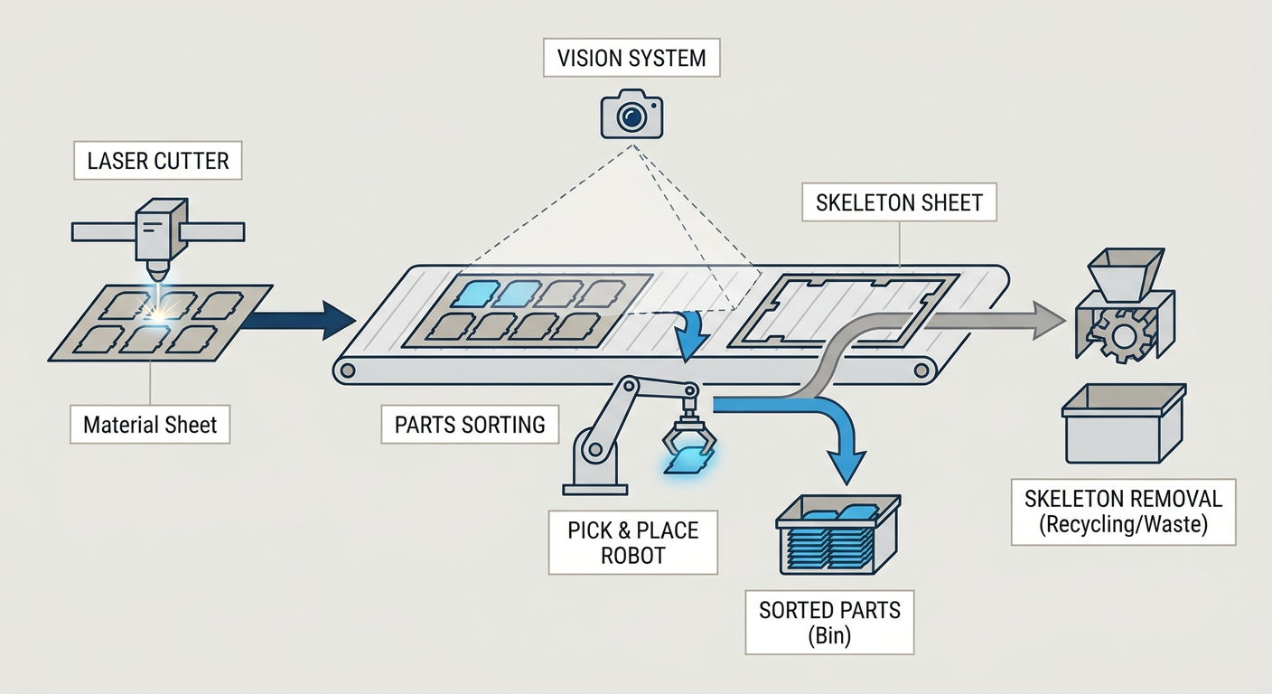 Flowchart showing automated parts sorting from laser cutting to skeleton removal